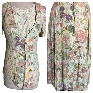 Vintage Carole Little Petites Floral Button-Front Blouse & Skirt Size 2